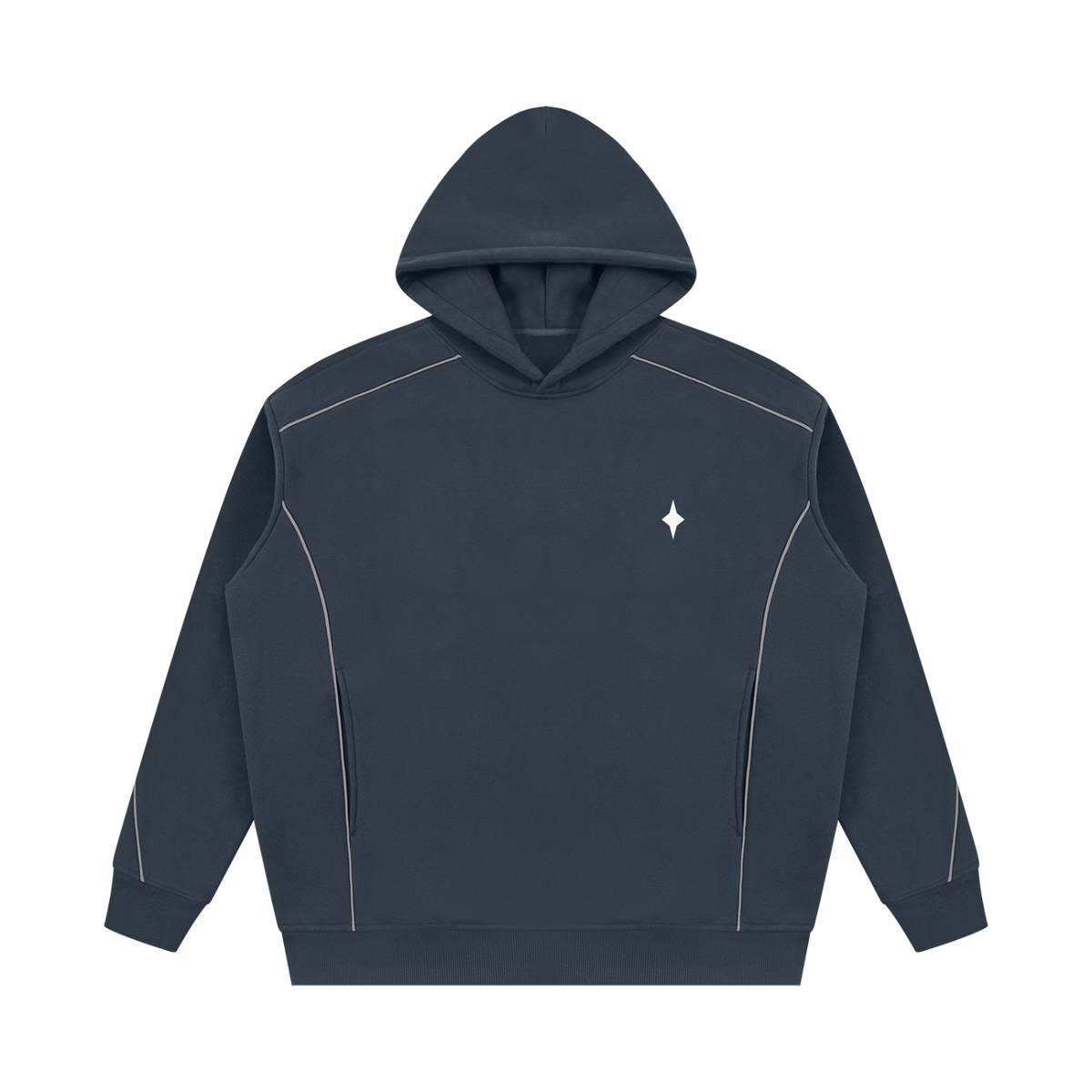 A dark slate blue pullover hoodie with white contrast stitching details and a small white star logo on the left chest, displayed on a solid white background.