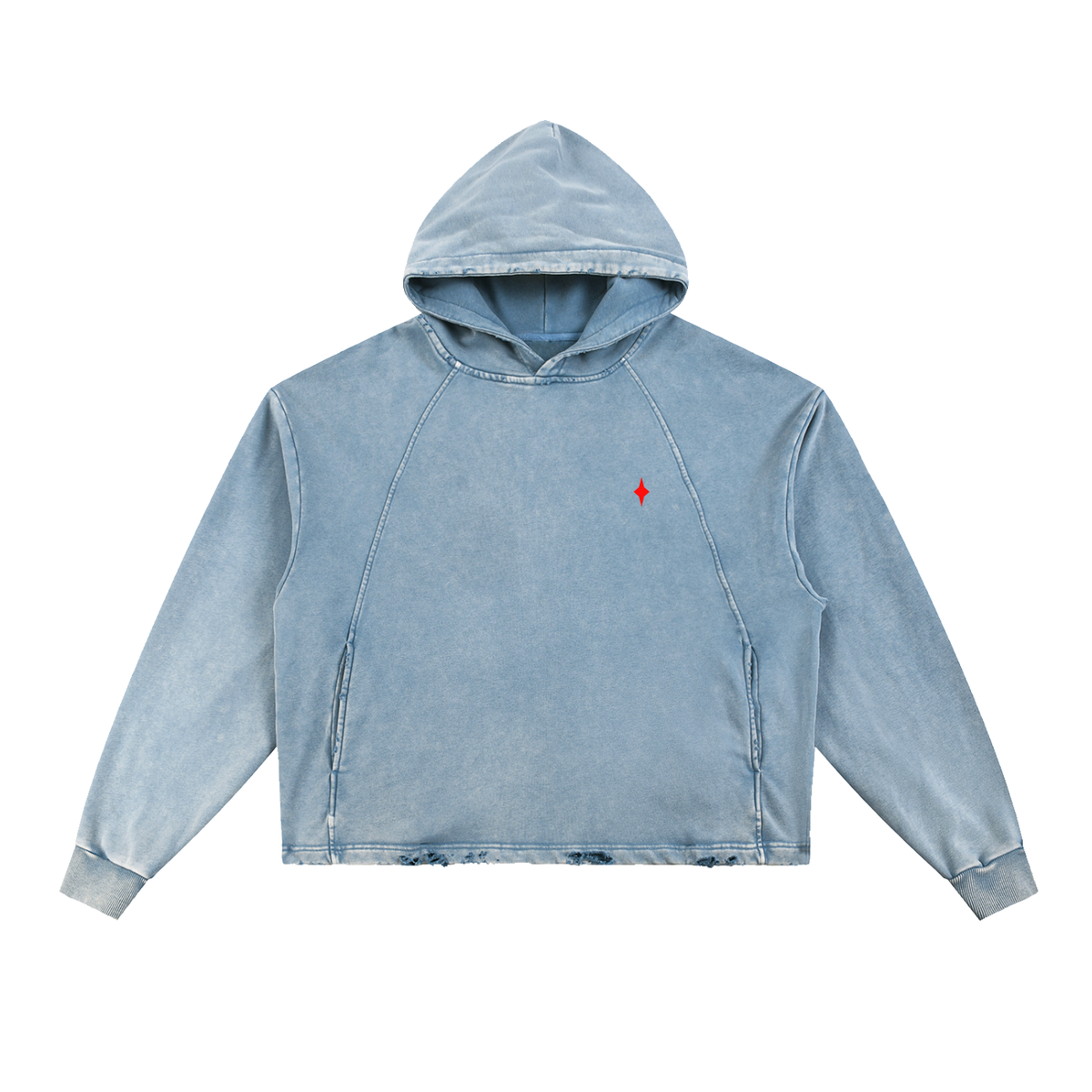 A light blue washed hooded sweatshirt with a small red embroidered logo on the left chest, displayed flat against a solid white background.