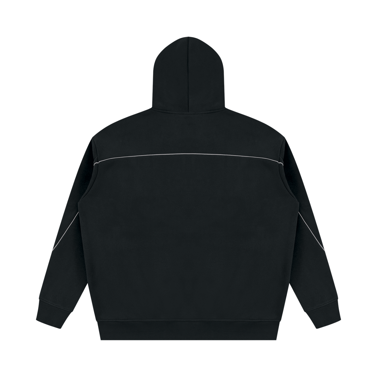 A black hooded sweatshirt shown from the back, featuring a horizontal silver reflective stripe across the upper back and thin diagonal silver reflective stripes on both sleeves, set against a plain white background.