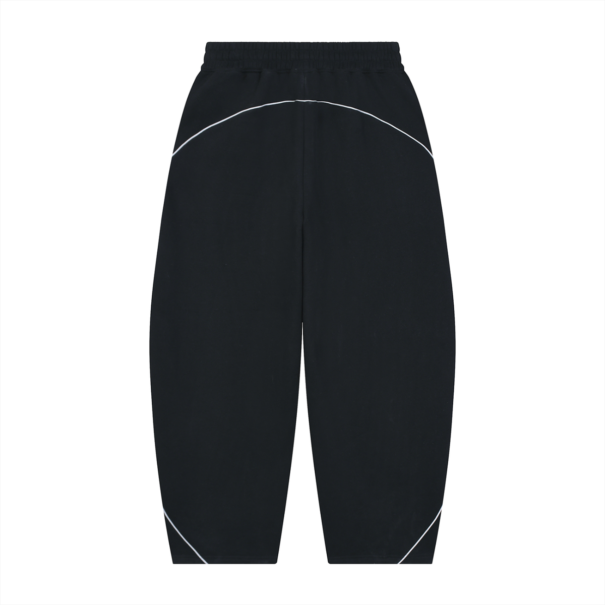 Black athletic jogger pants with white contrast stitching details, shown flat against a solid white background.