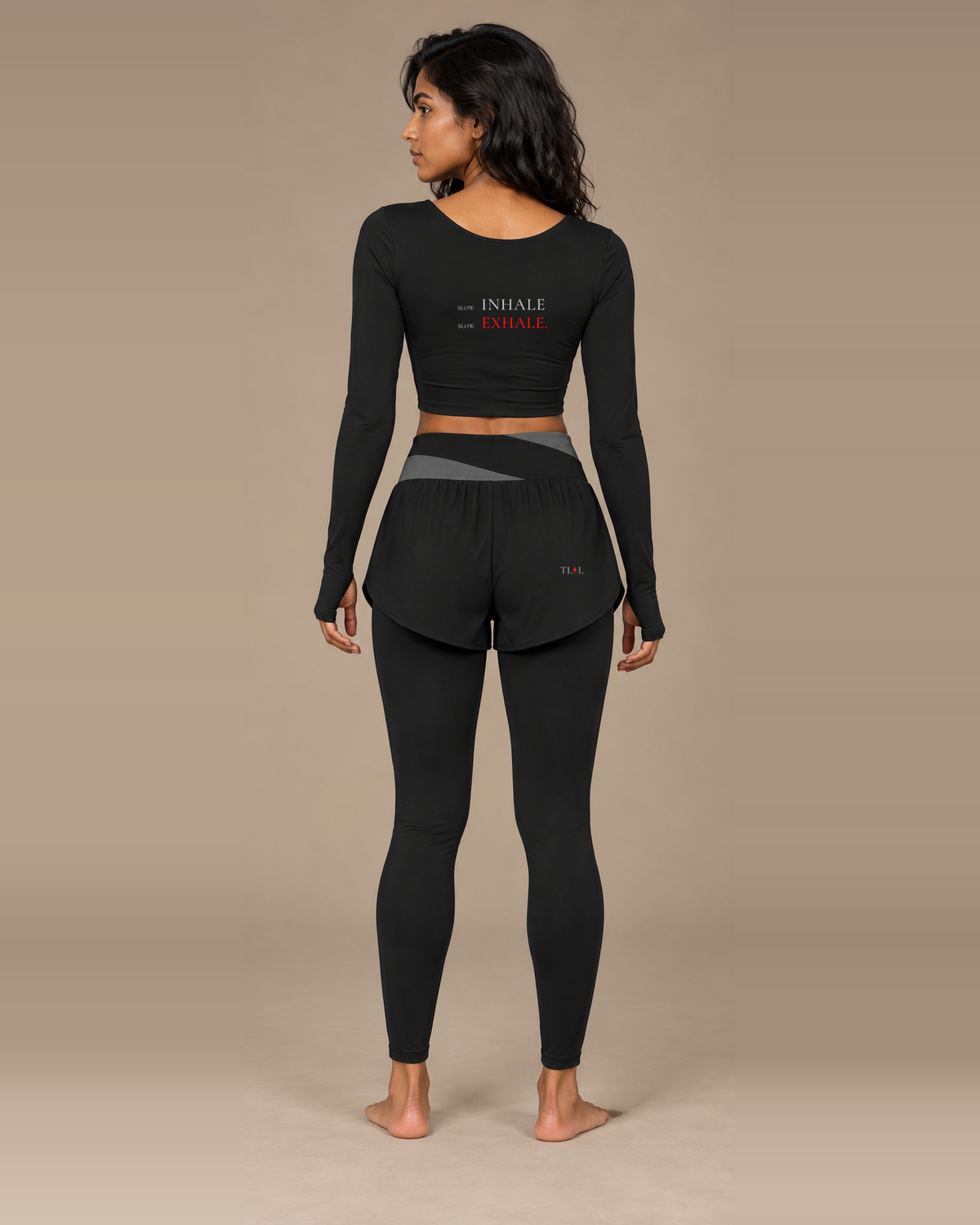 TLOL Paneled High-Rise Yoga Leggings - Black with Dark Gray, back view