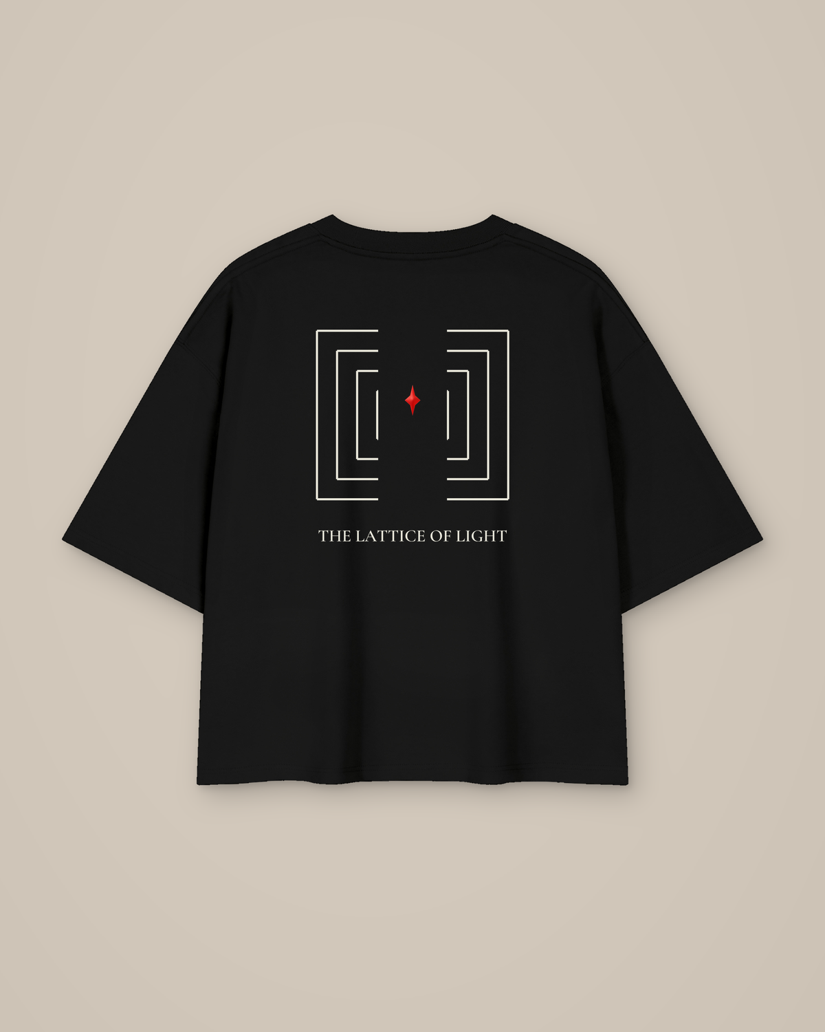 TLOL Lightwell oversized tee in Black, product back with ivory geometric artwork and red emblem.