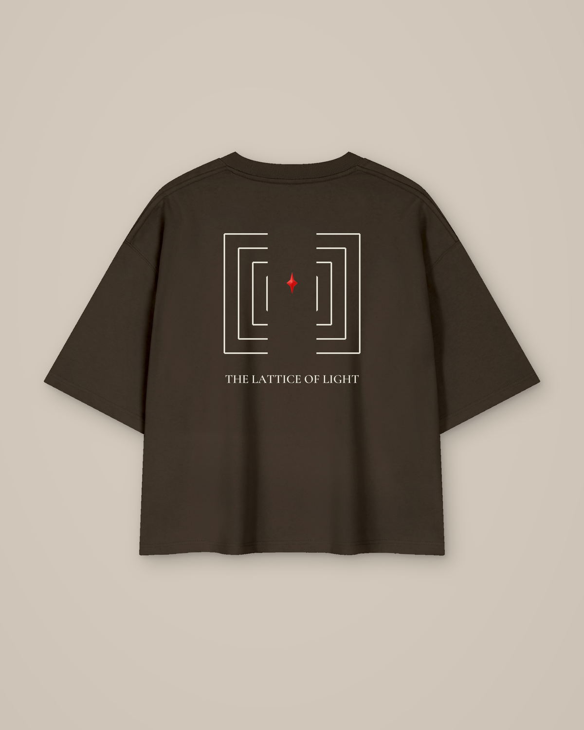 TLOL Lightwell oversized tee in Coffee, product back with ivory geometric artwork and red emblem.