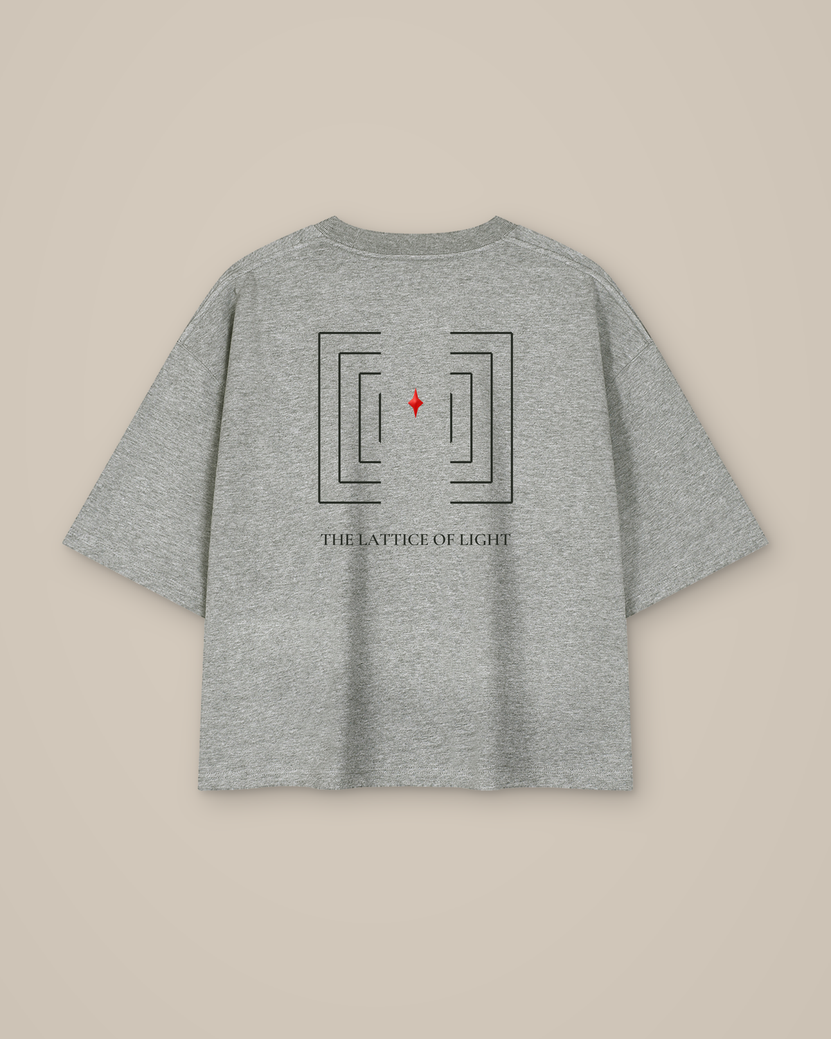 TLOL Lightwell oversized tee in Flower Gray, product back with black geometric artwork and red emblem.