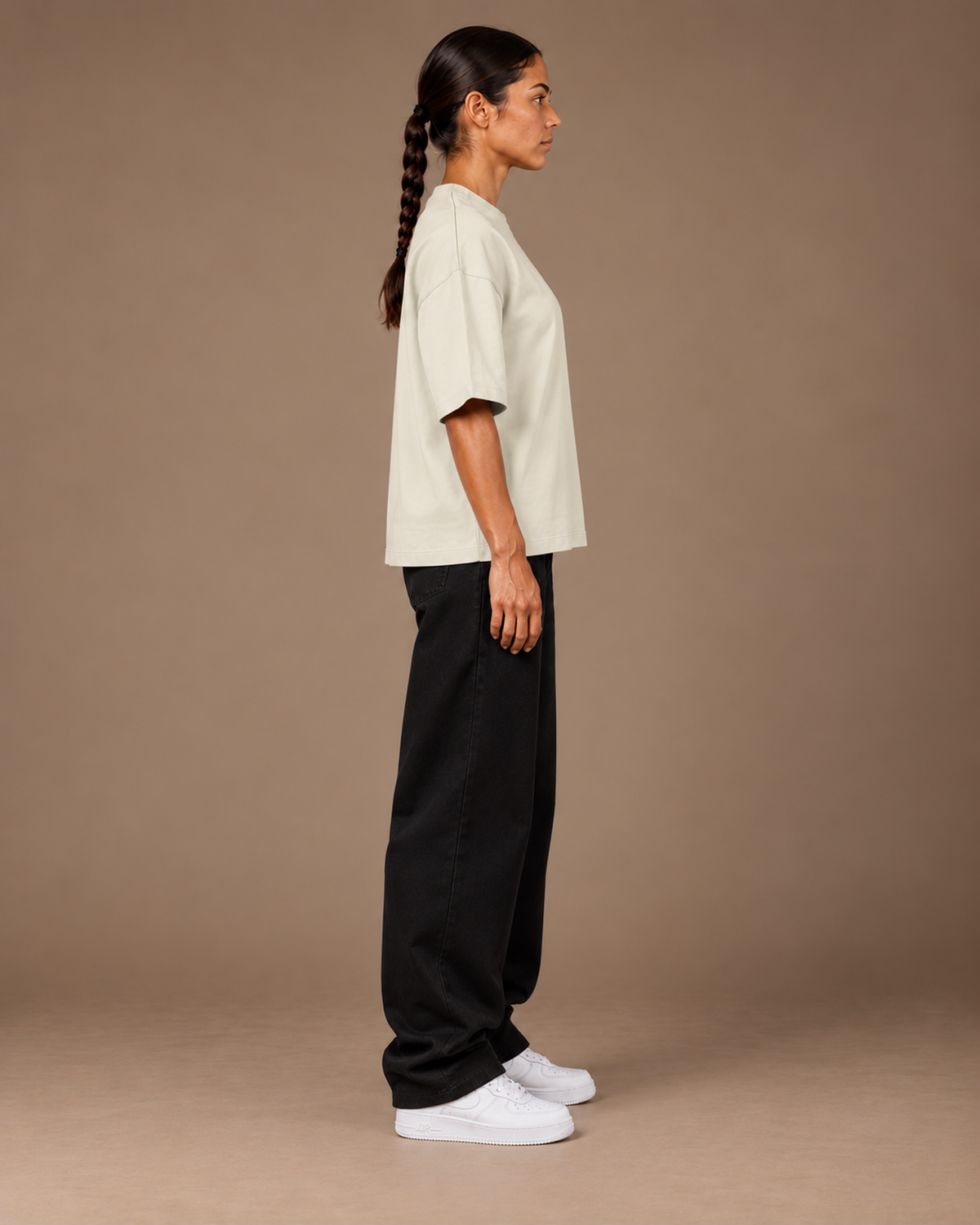 TLOL Lightwell oversized tee in Gray, right-facing side view on a model.
