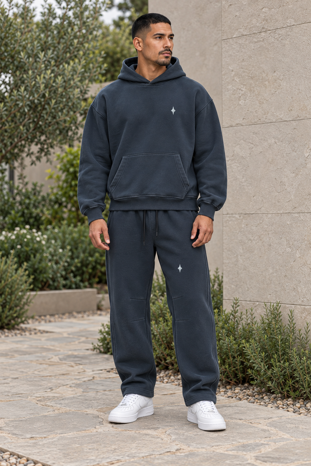 Navy Blue Shared Orbit — lifestyle on-body styling; hoodie and pants sold separately