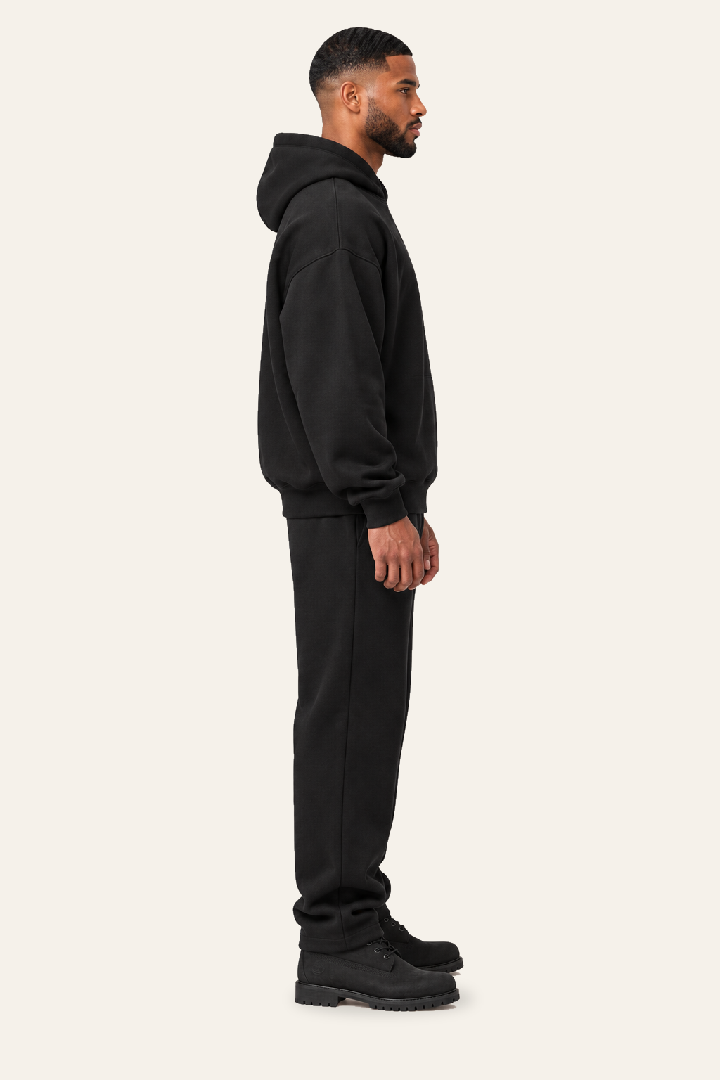 TLOL RELEASE Black Beauty pants, true right profile on light beige. Hoodie and pants sold separately.