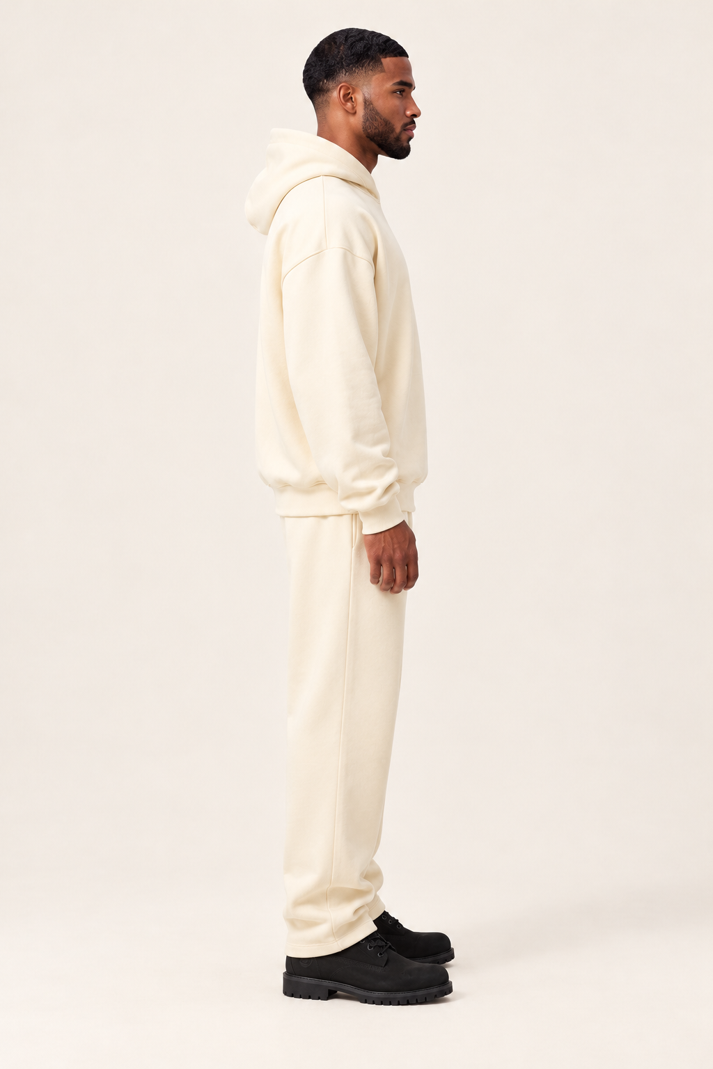 TLOL RELEASE Bone hoodie, true right profile on light beige. Hoodie and pants sold separately.