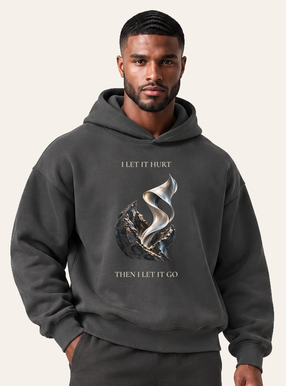 TLOL RELEASE Charcoal hoodie, waist to full head on light beige. Hoodie and pants sold separately.