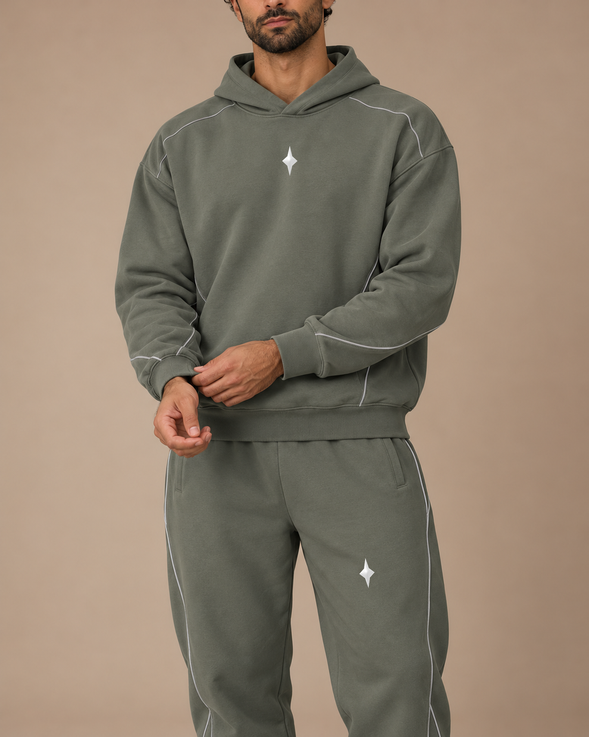 TLOL Still Point Medium Gray piped matching set, detail view