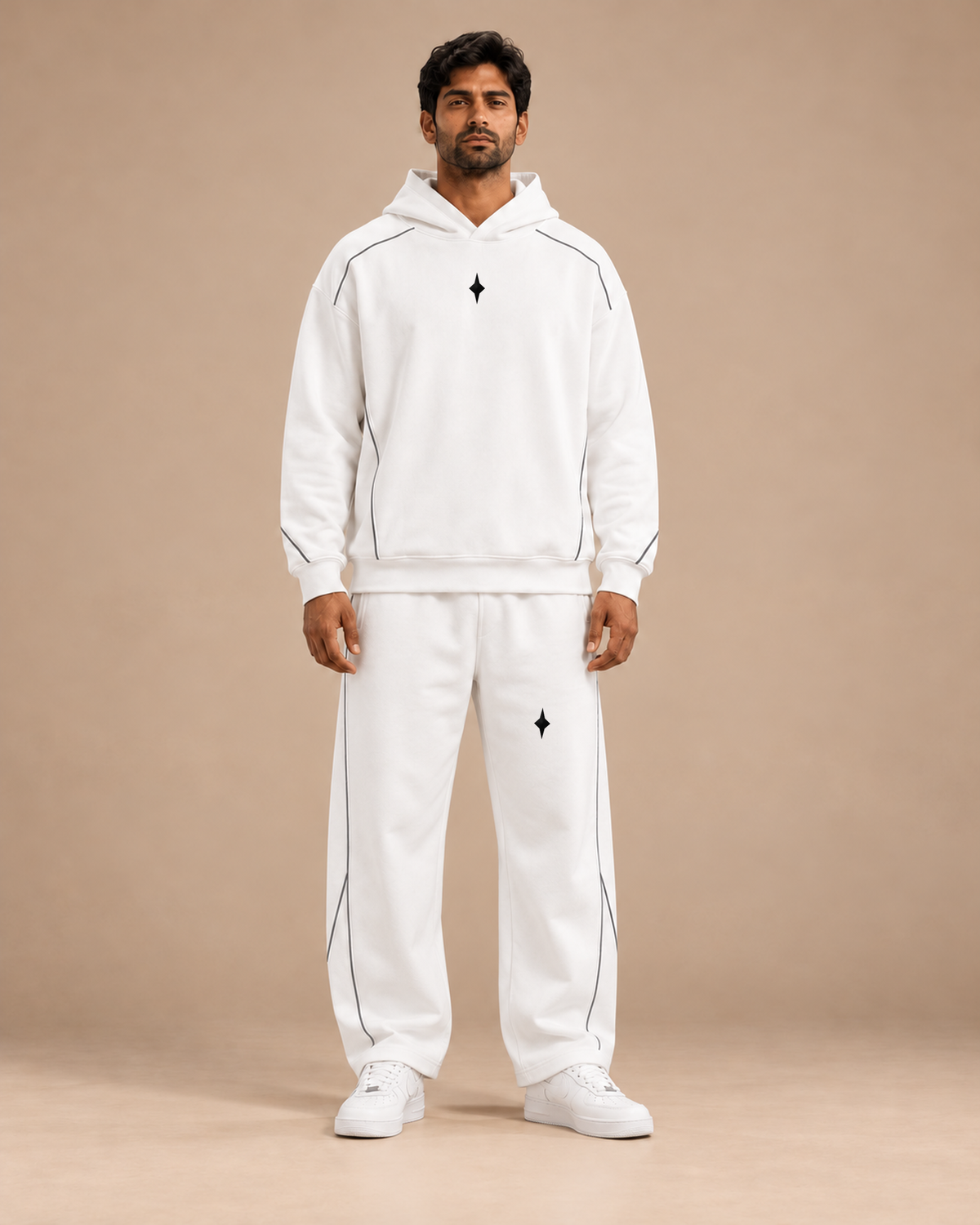 TLOL Still Point White piped matching set, front view