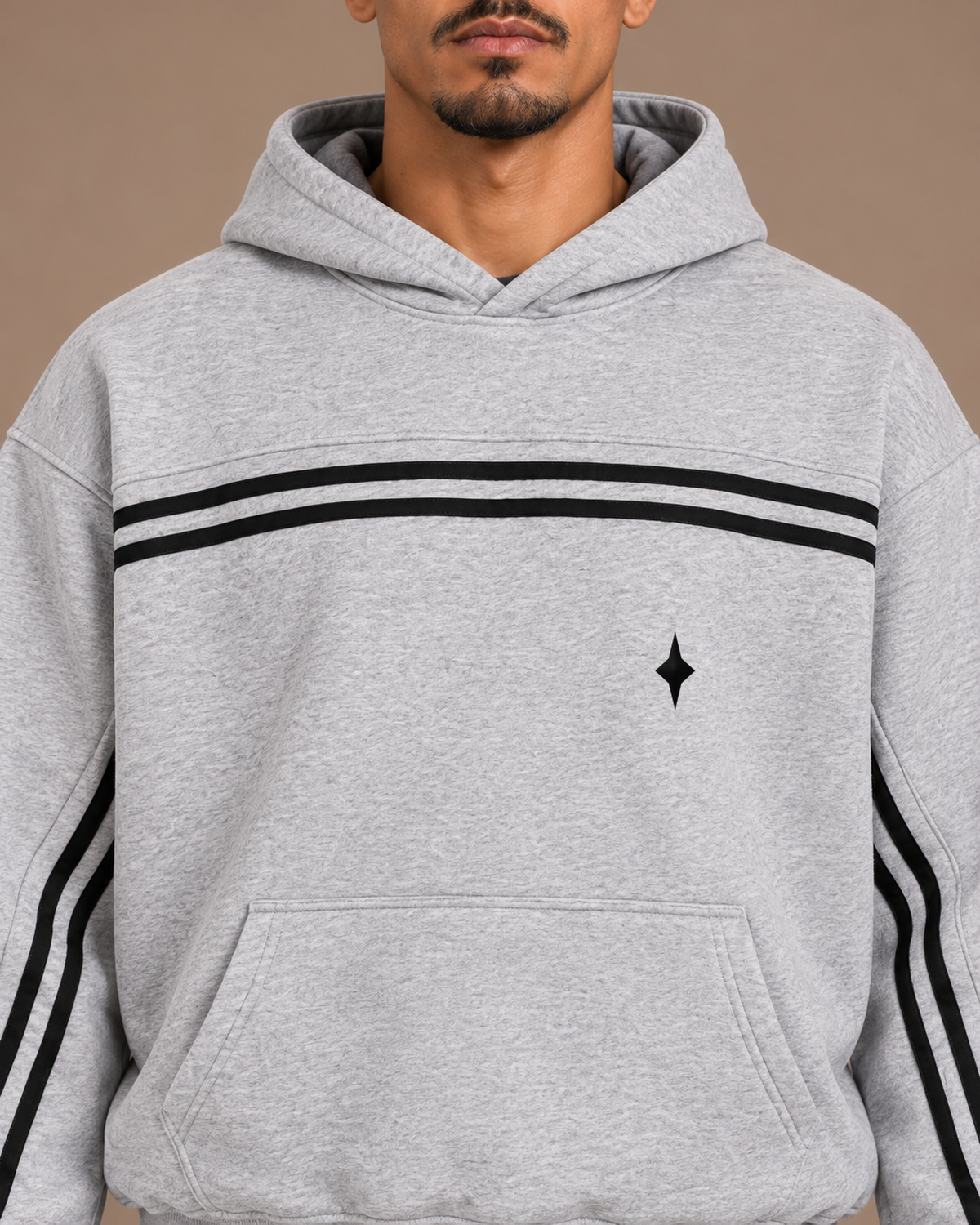 Close view of the Flower Gray TLOL Threshold hoodie with contrast tape and black front icon