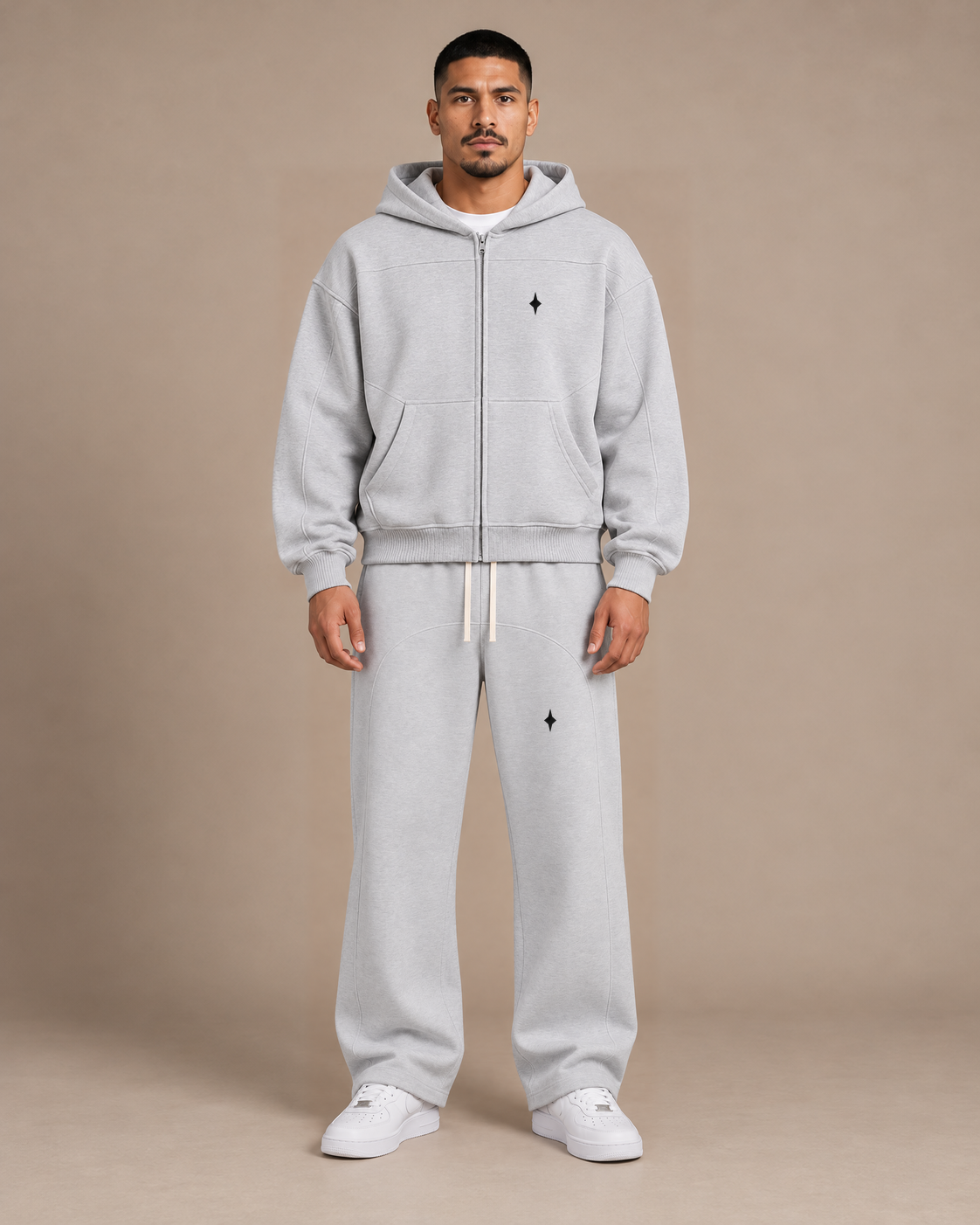 Flower Gray TLOL contrast-stitched fleece set studio front on-body #Color_flower gray