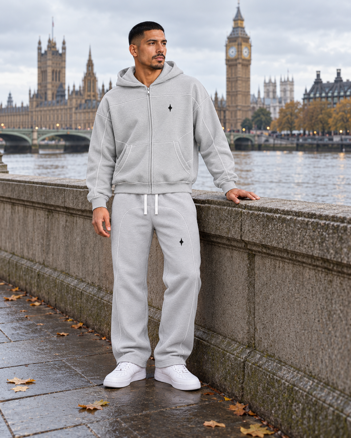 Flower Gray TLOL contrast-stitched fleece set London lifestyle #Color_flower gray