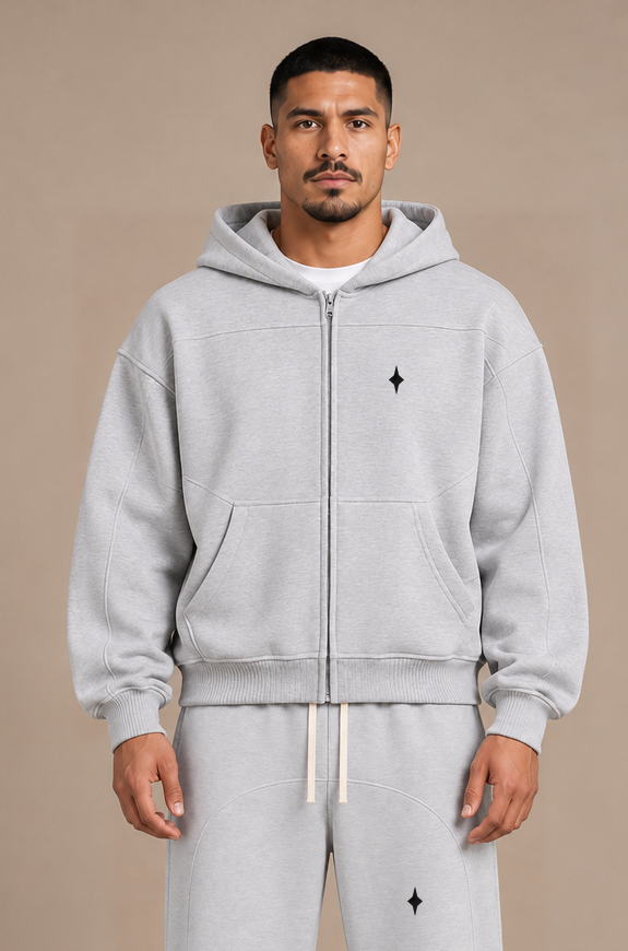 Flower Gray TLOL contrast-stitched fleece hoodie close on-body #Color_flower gray