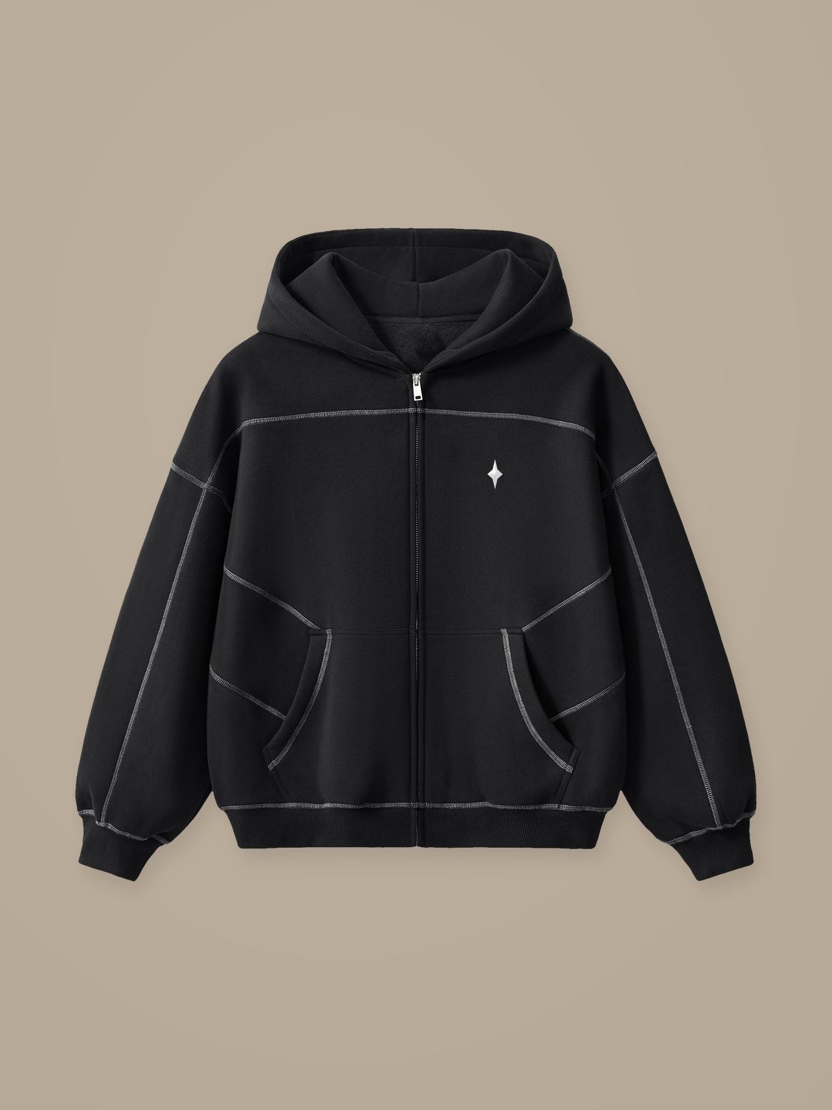 Black TLOL contrast-stitched fleece zip hoodie, front view #Color_black