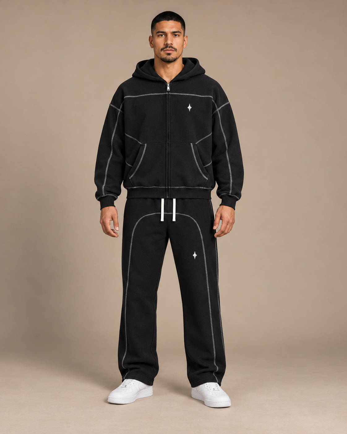 Black TLOL contrast-stitched fleece set studio front #Color_black