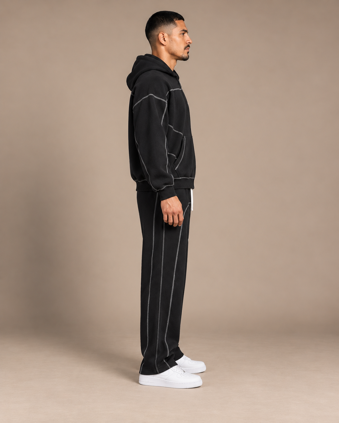 Black TLOL contrast-stitched fleece set studio right #Color_black