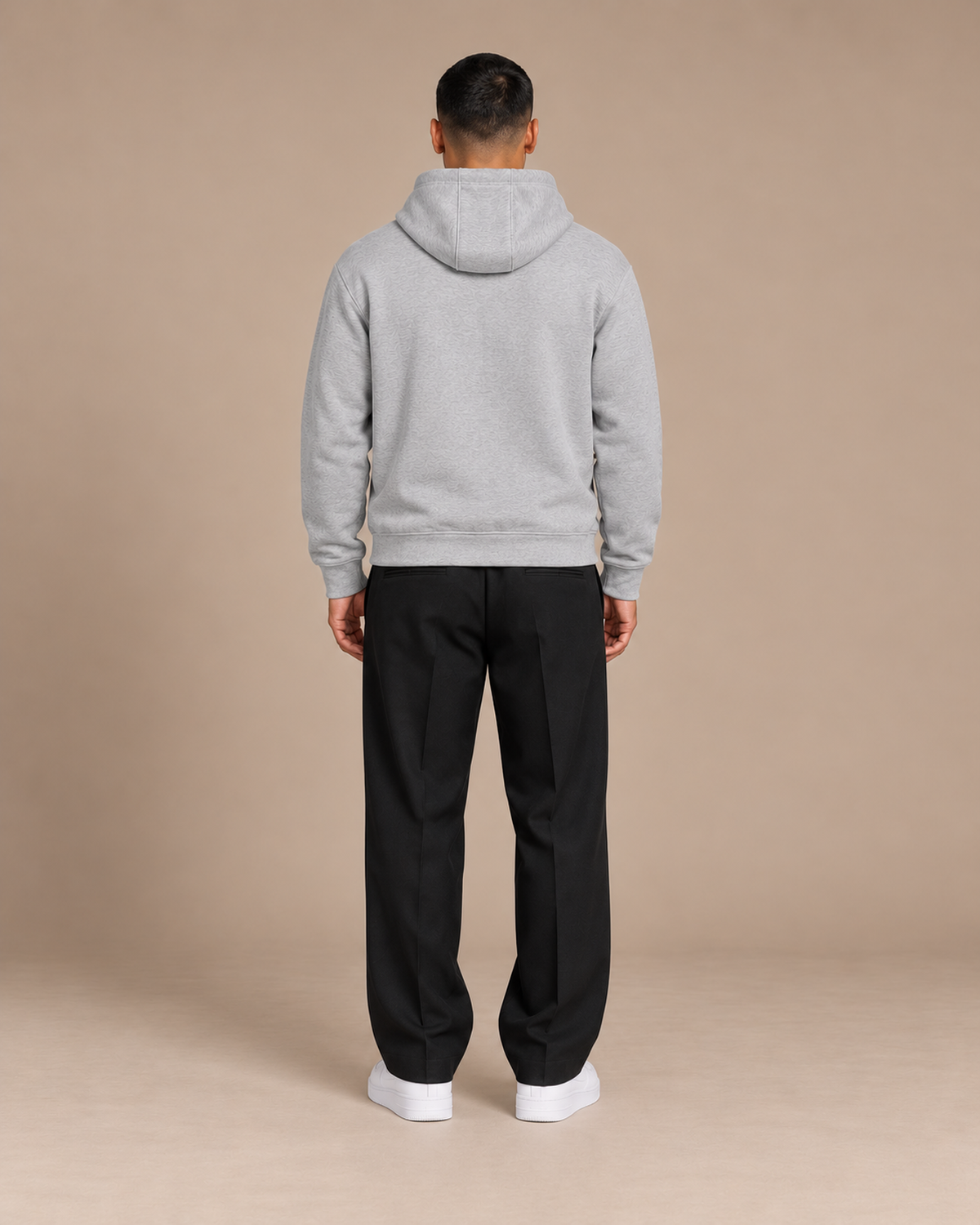 Model wearing the Flower Gray TLOL Icon Full-Zip Hoodie, plain back view.