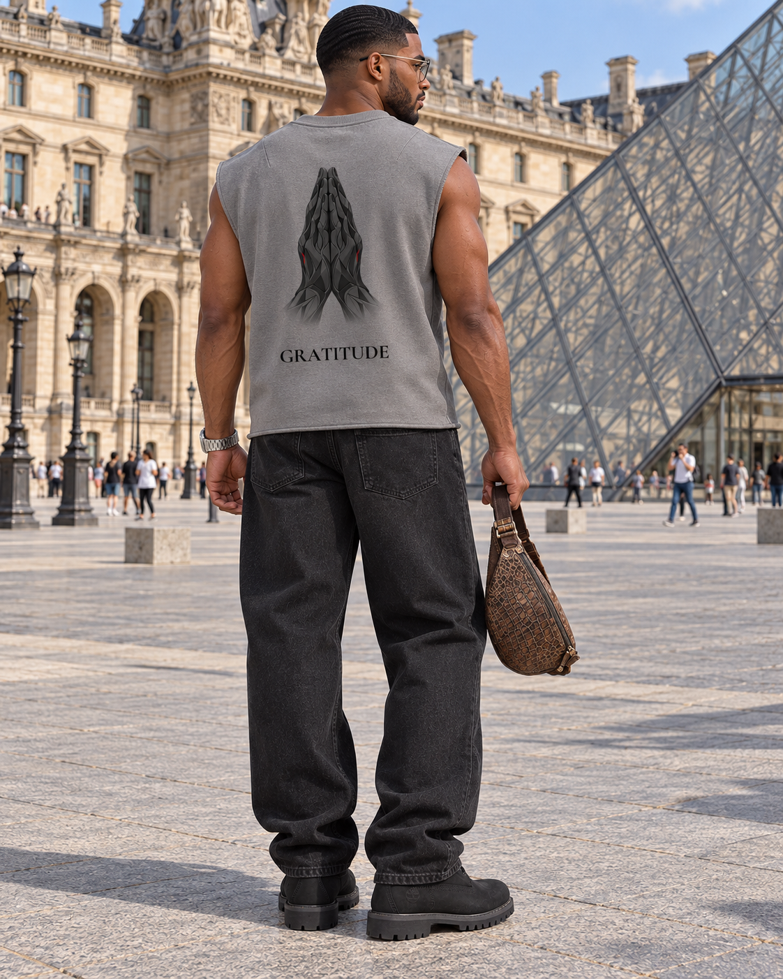 TLOL Gratitude French Terry Boxy Tank — Gray — Louvre lifestyle back view