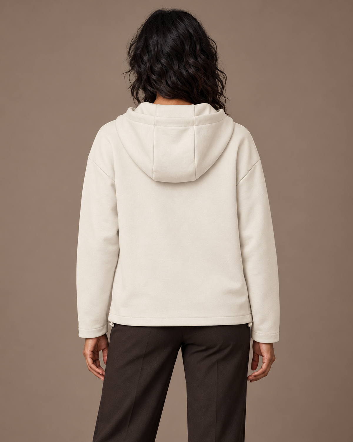 TLOL Paneled Full-Zip Hoodie in Beige, back, hood down, on the approved female model.