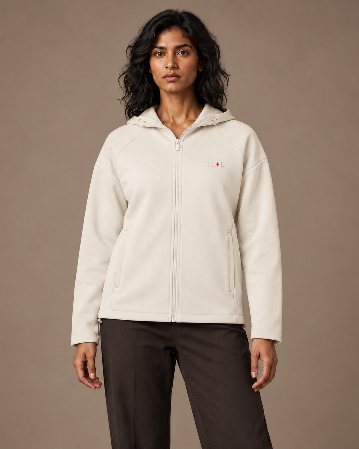 TLOL Paneled Full-Zip Hoodie in Beige, front, hood down, on the approved female model.