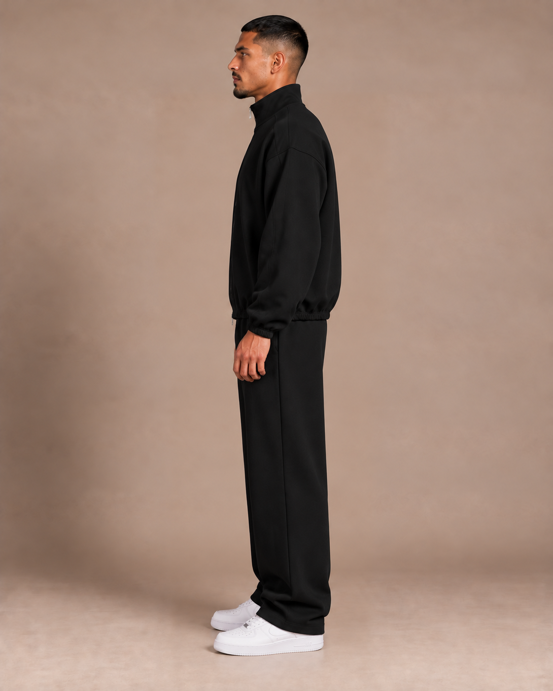 TLOL heavyweight stand-collar jacket in Black, left profile #Color_black
