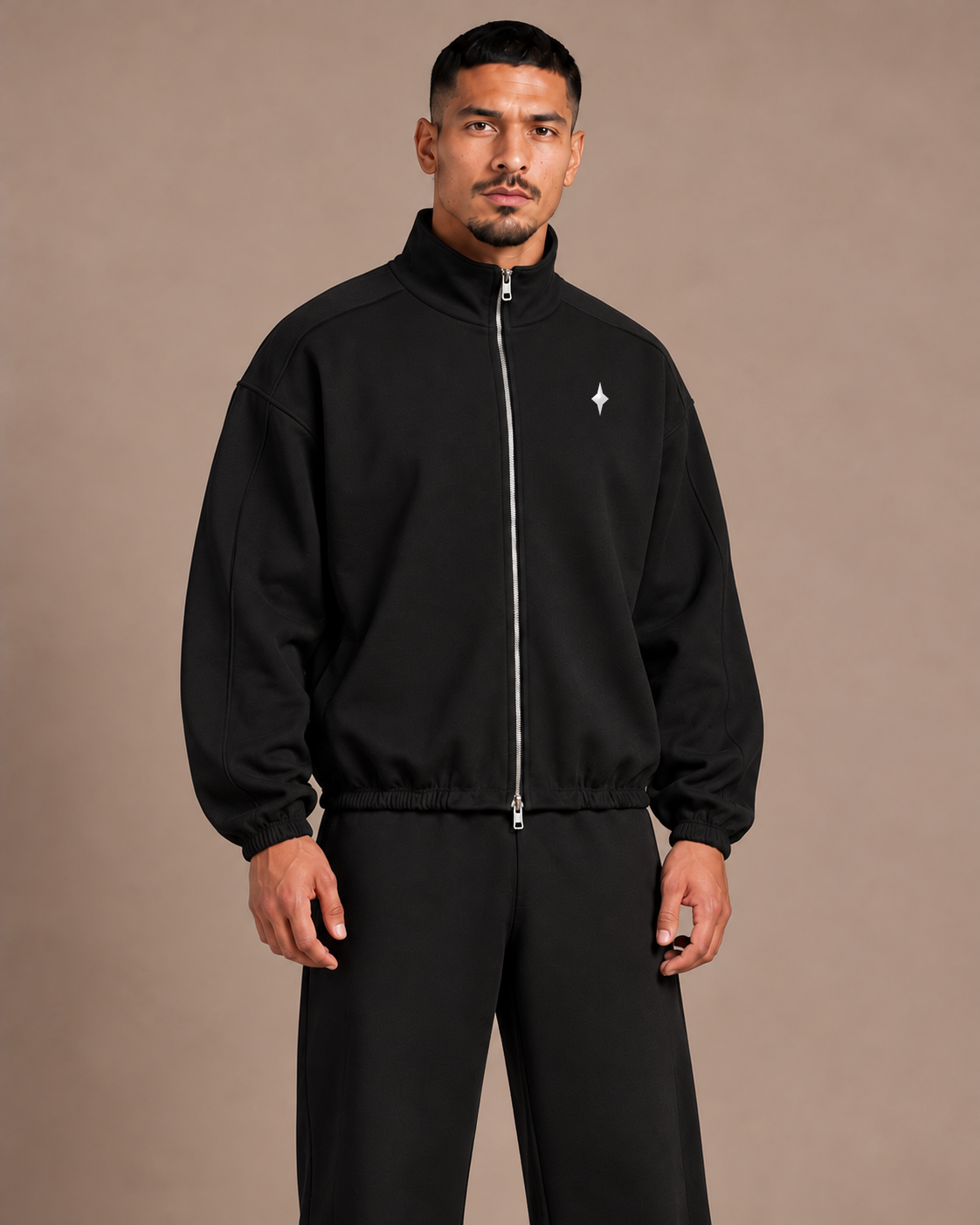 TLOL heavyweight stand-collar jacket in Black, on body detail #Color_black