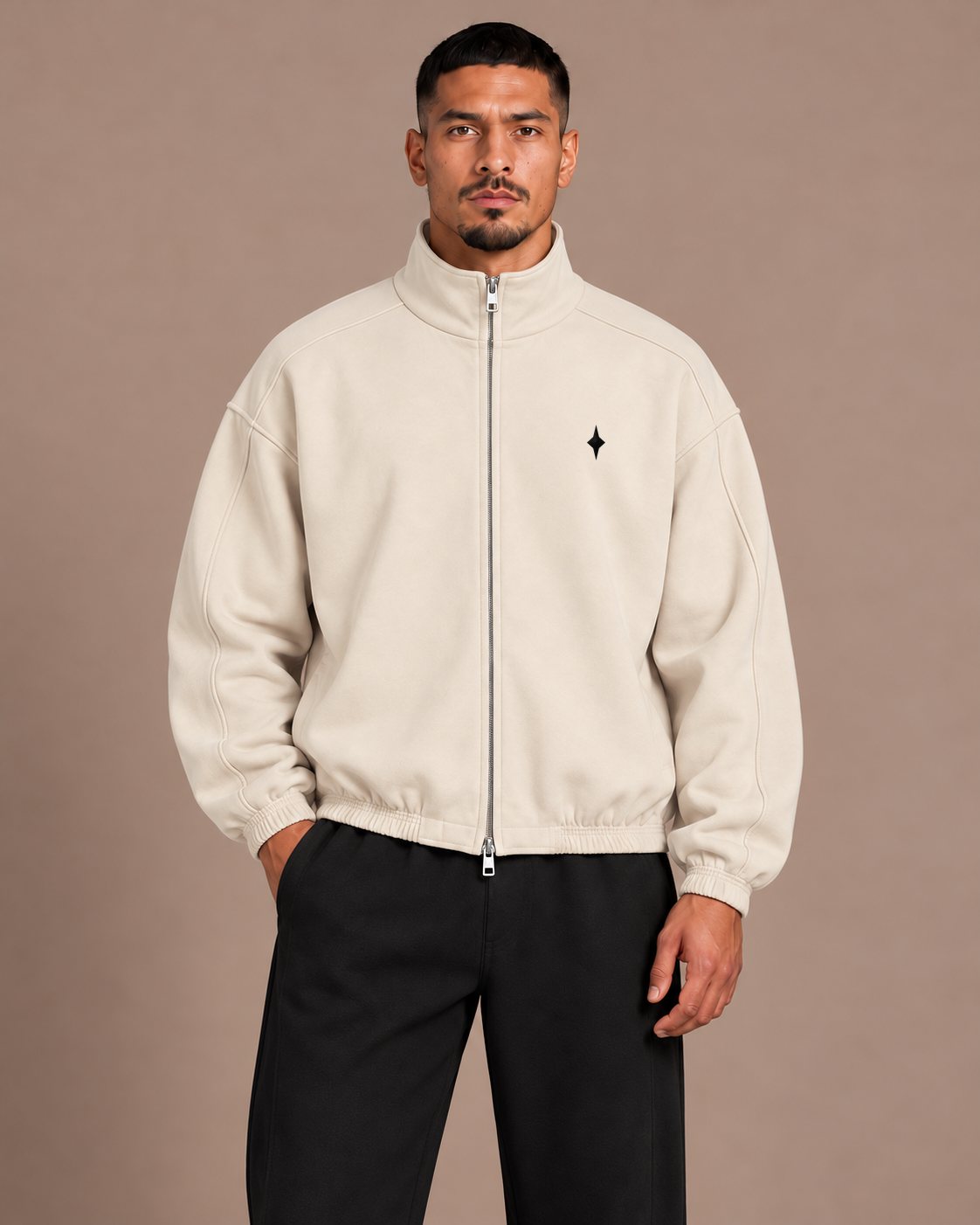 TLOL heavyweight stand-collar jacket in Mild Apricot, on body detail #Color_mild apricot