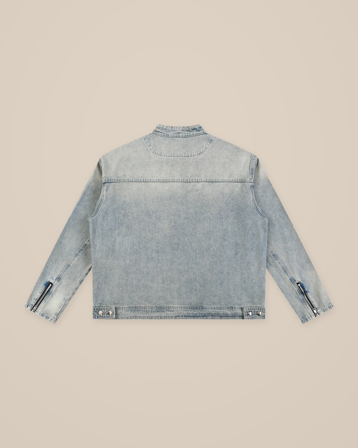 TLOL washed blue zip denim jacket, product-only back view