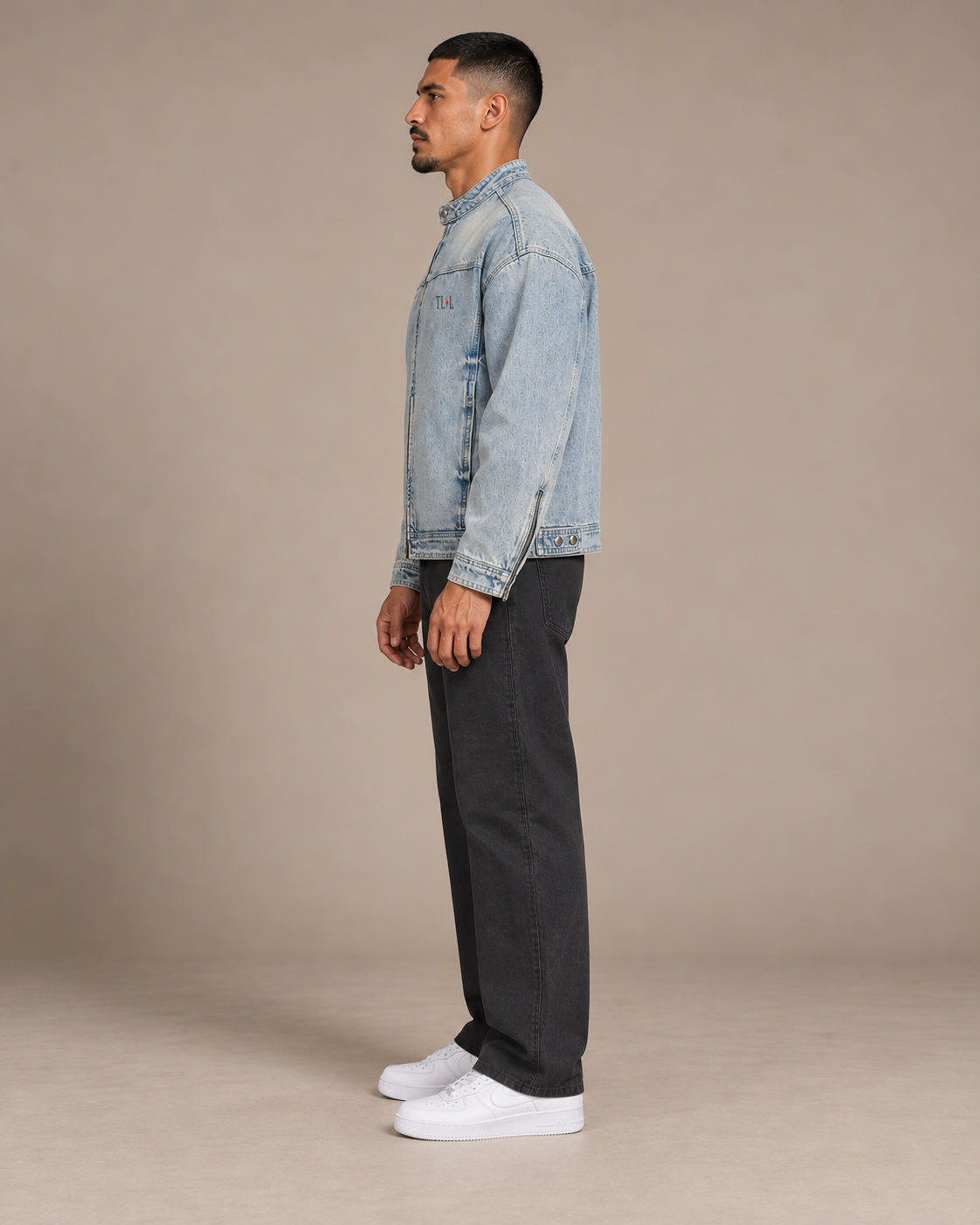 TLOL washed blue zip denim jacket, left view