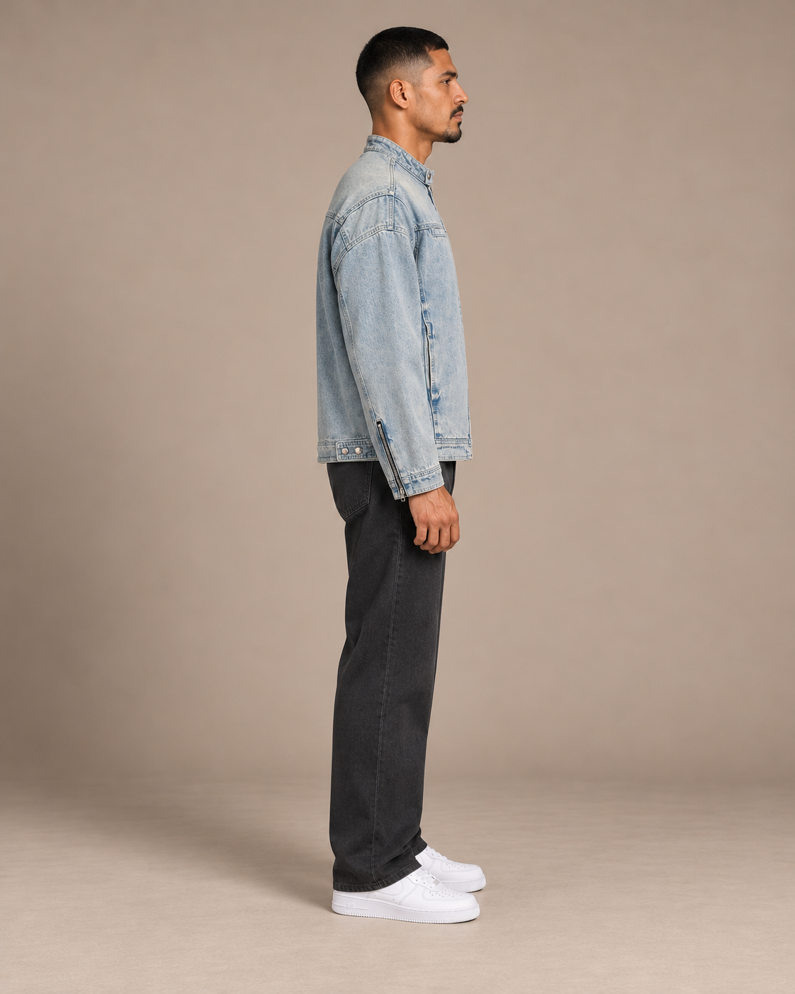 TLOL washed blue zip denim jacket, right view