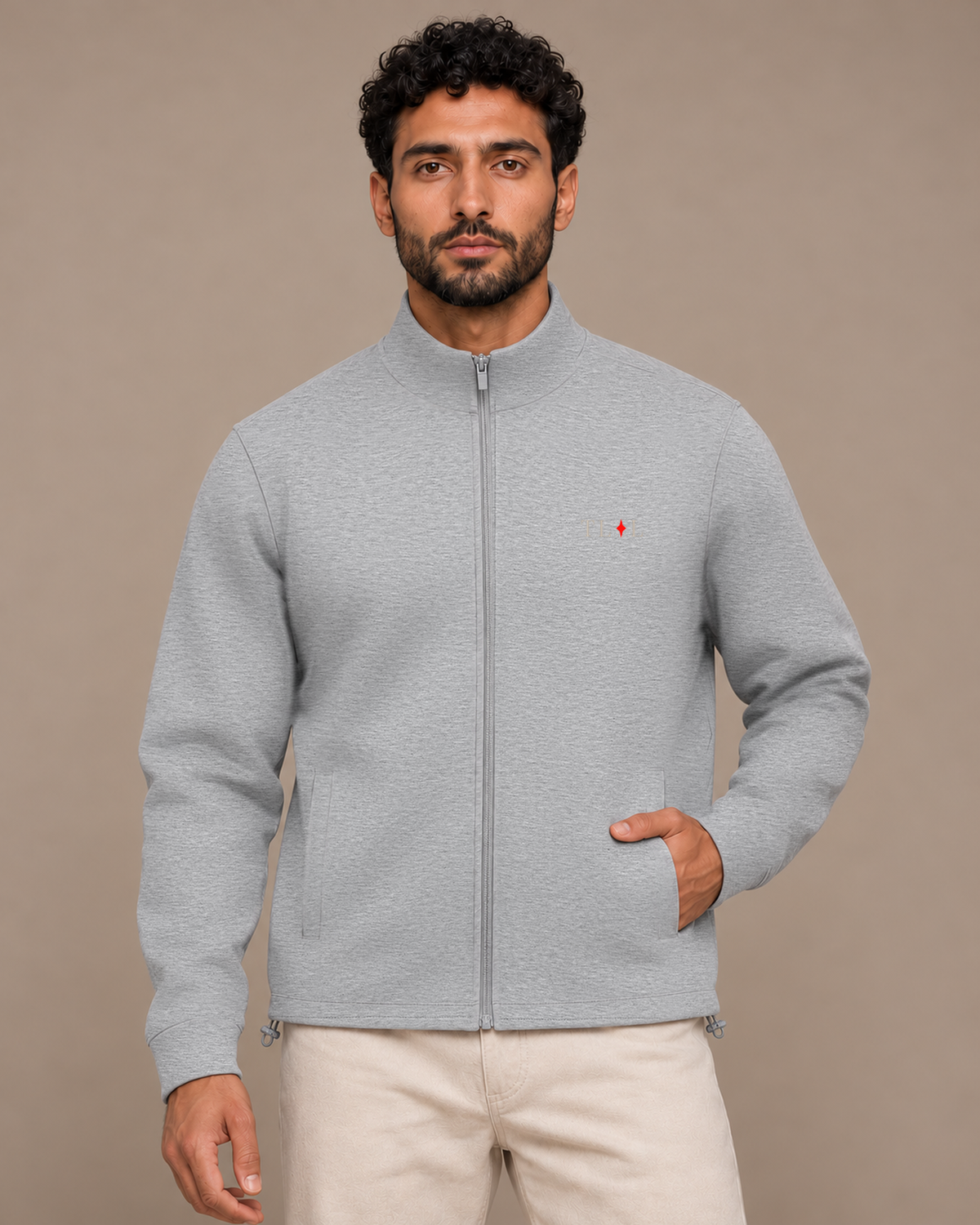 TLOL Stand-Collar Jacket in Flower Gray, front view on the approved model.