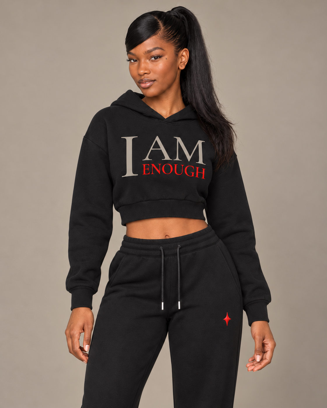 TLOL I AM ENOUGH Weighted Pillar cropped hoodie in Black, front view