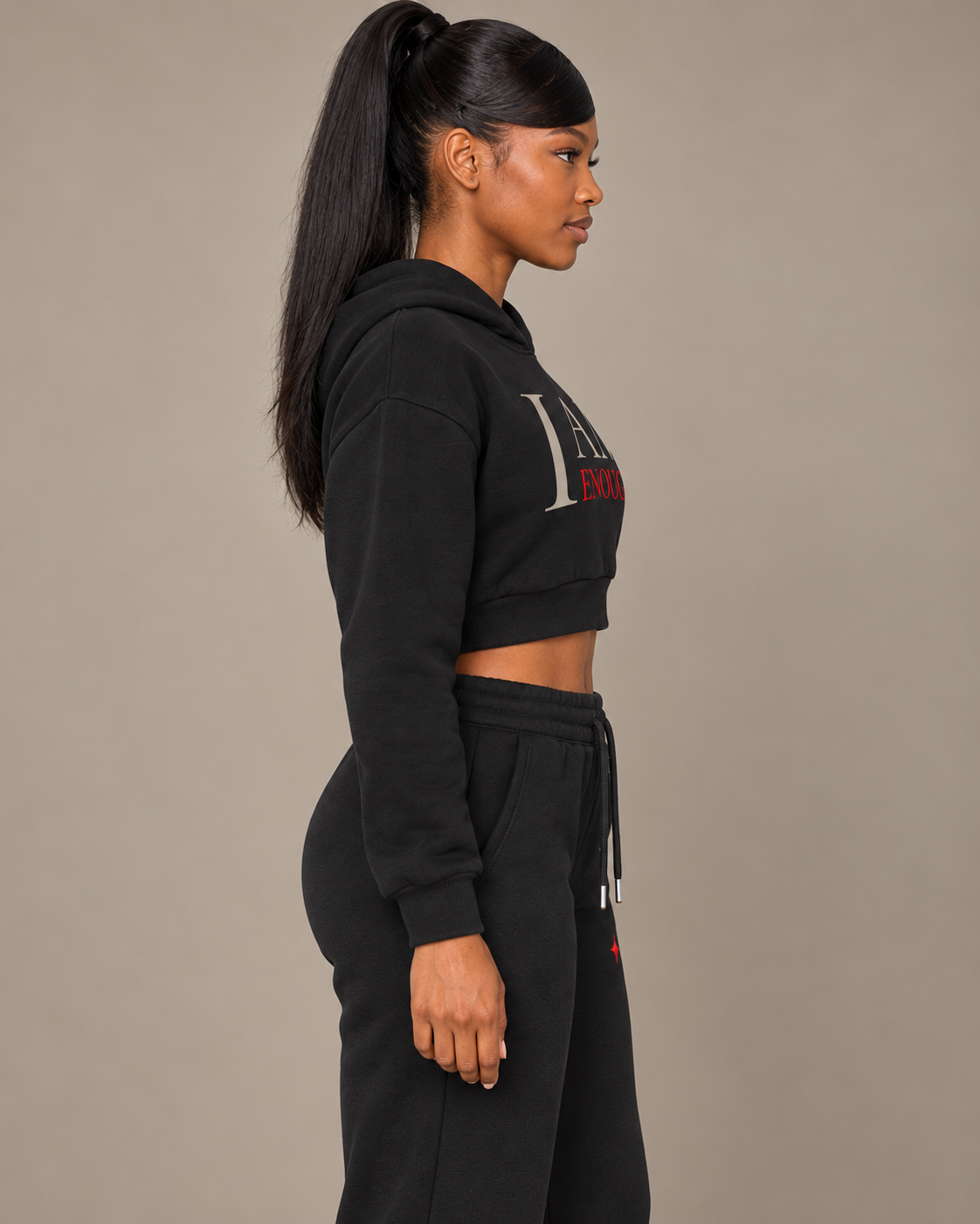 TLOL I AM ENOUGH Weighted Pillar cropped hoodie in Black, wearer-right side view
