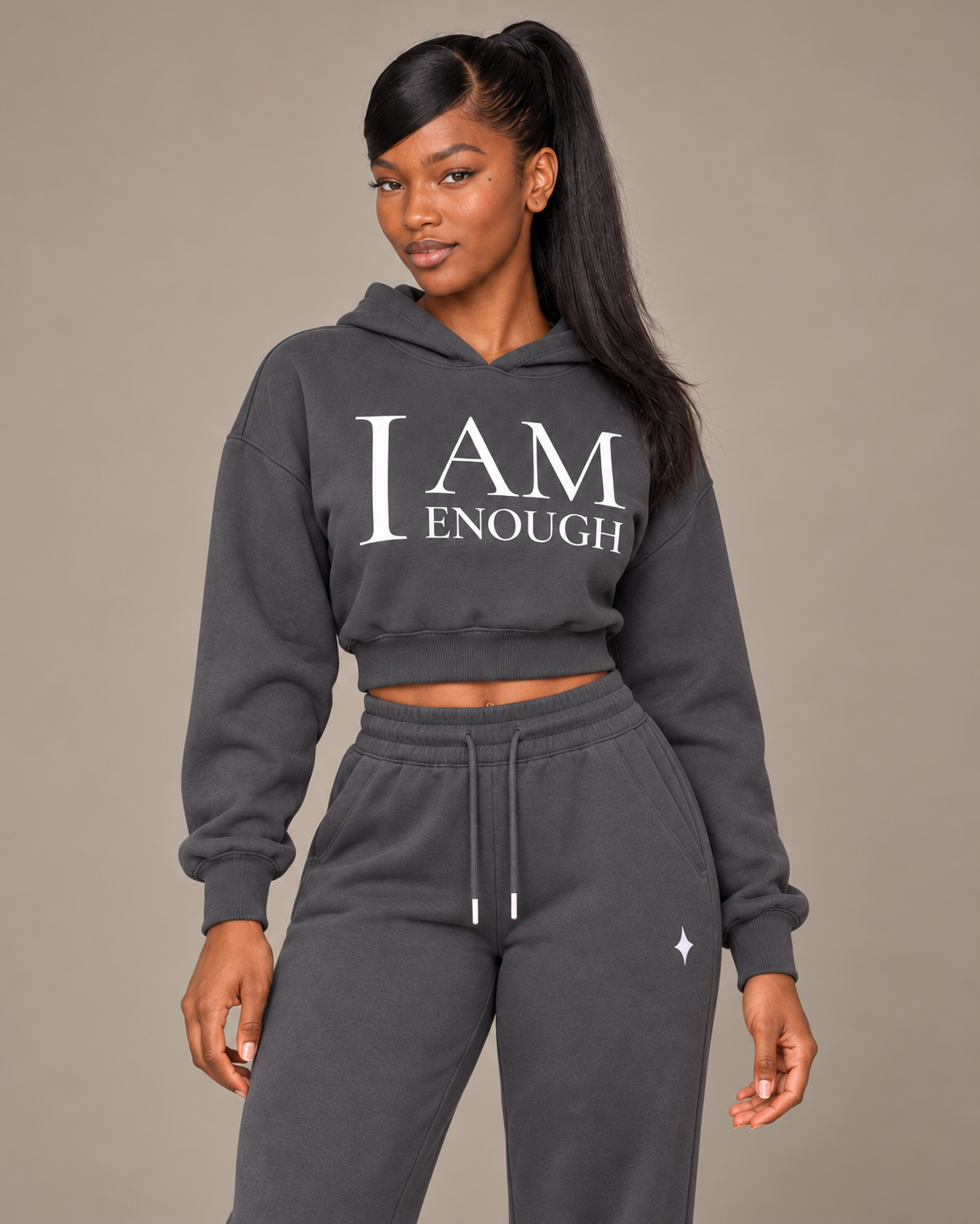 TLOL I AM ENOUGH Weighted Pillar cropped hoodie in Charcoal Gray, front view