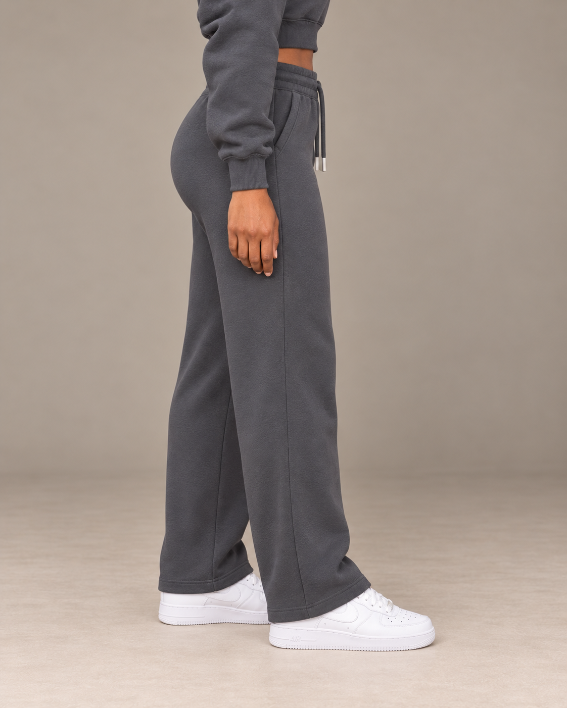 TLOL I AM ENOUGH Weighted Pillar straight-leg sweatpants in Charcoal Gray, wearer-right side view