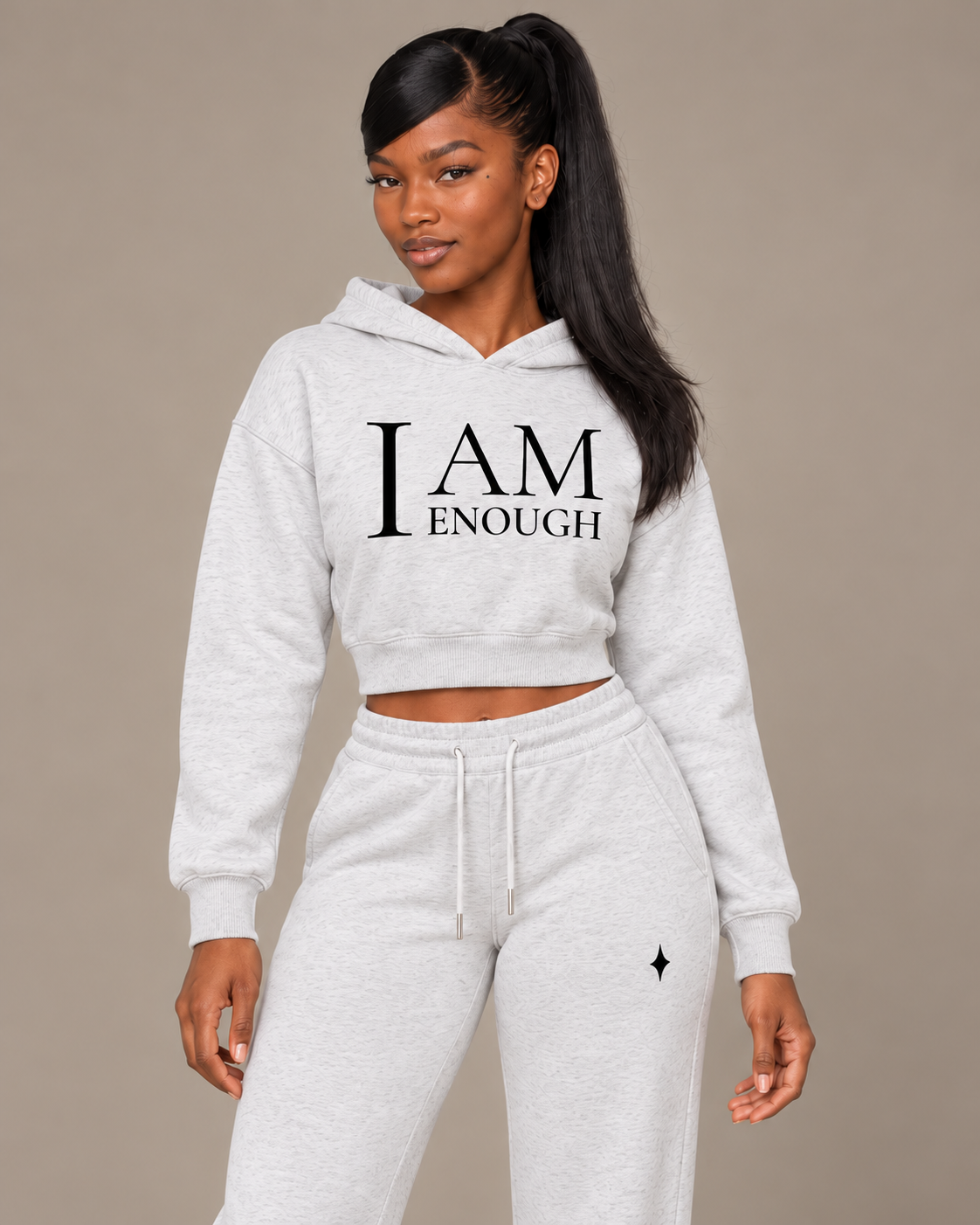 TLOL I AM ENOUGH Weighted Pillar cropped hoodie in Flower Gray, front view