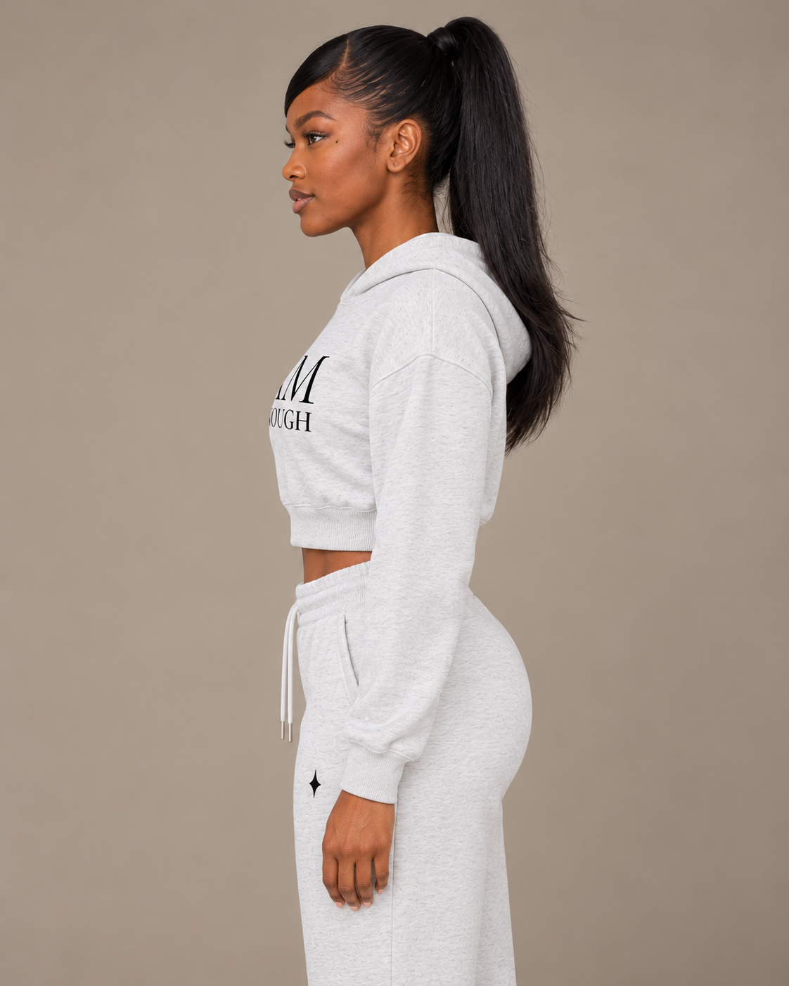 TLOL I AM ENOUGH Weighted Pillar cropped hoodie in Flower Gray, wearer-left side view