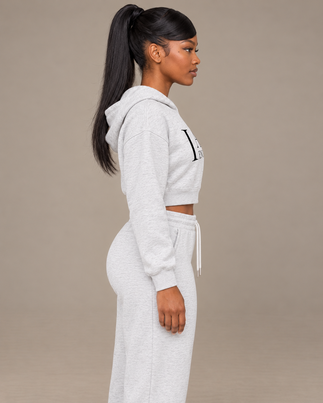 TLOL I AM ENOUGH Weighted Pillar cropped hoodie in Flower Gray, wearer-right side view