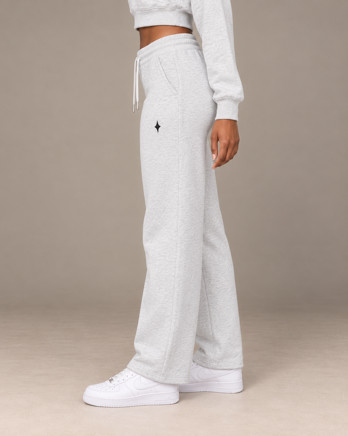 TLOL I AM ENOUGH Weighted Pillar straight-leg sweatpants in Flower Gray, wearer-left side view