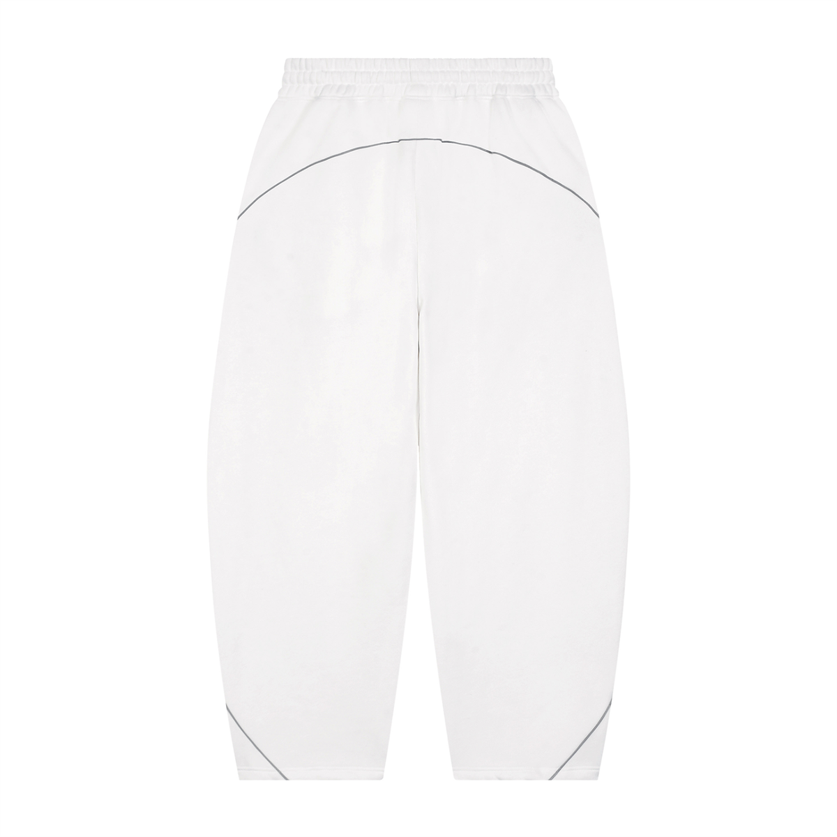 White athletic jogger pants with a curved black line detail across the upper thighs and thin black piping accents near the lower hems, shown flat on a white background.
