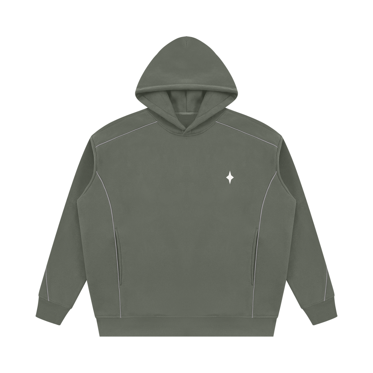 An olive green pullover hoodie with white contrast stitching and a small white logo on the left chest, displayed on a clean white background.