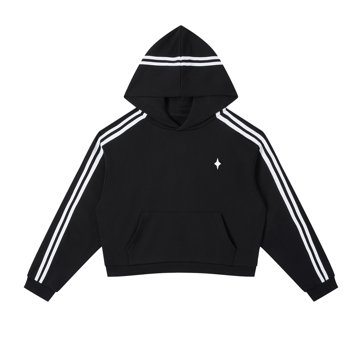 Black hoodie with white stripes on sleeves and logo on chest against a white background