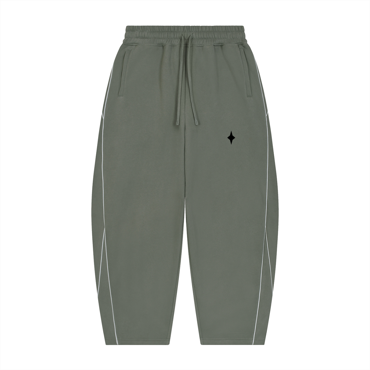 Olive green jogger-style sweatpants with a drawstring waist, side pockets, and thin white piping running down the outer legs, featuring a small black geometric logo on the left thigh.