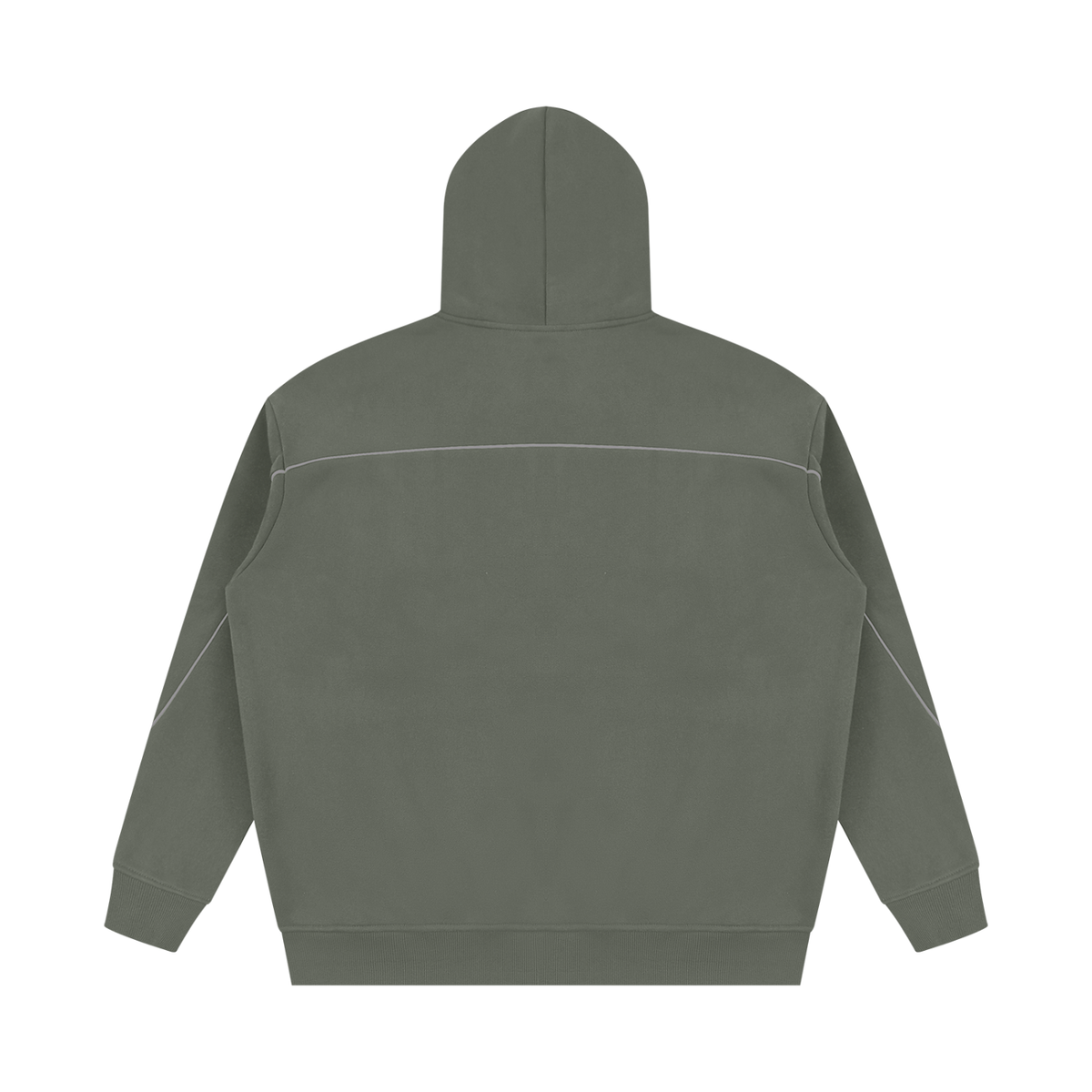 A dark olive green hooded sweatshirt shown from the back, featuring a straight horizontal seam across the upper back and subtle light piping details on the shoulders and sleeves, set against a plain white background.