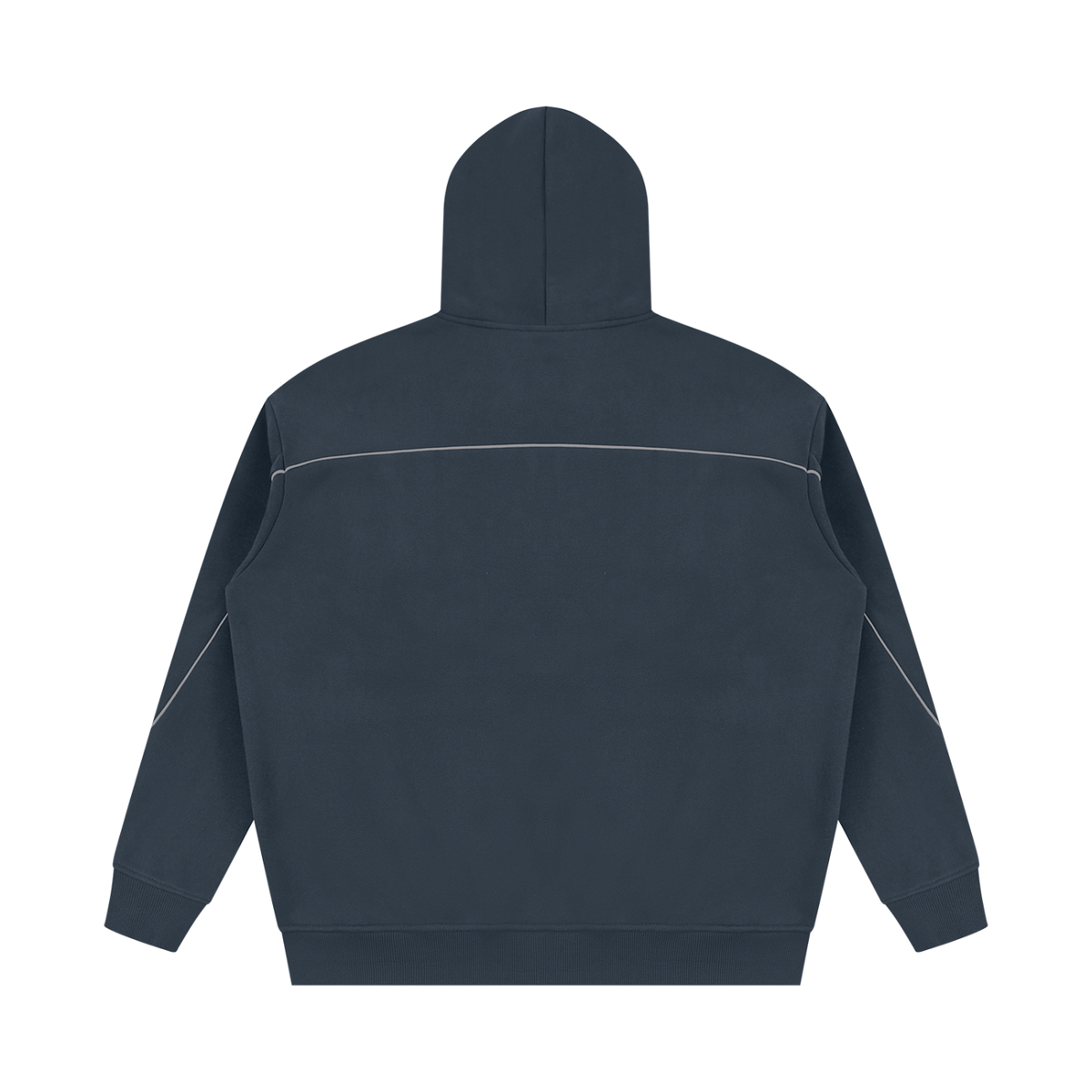 A dark slate blue hoodie shown from the back, featuring a horizontal silver reflective stripe across the upper back and shoulders, set against a plain white background.