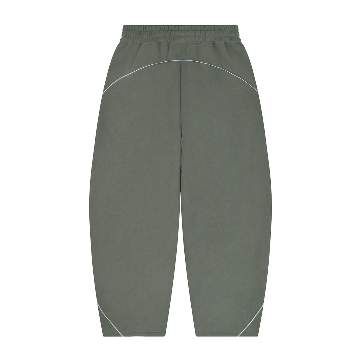 A pair of wide-leg jogger pants in a muted sage green color, featuring contrasting white piping details along the curved seams on the upper thighs and near the lower hems, shown against a plain white background.