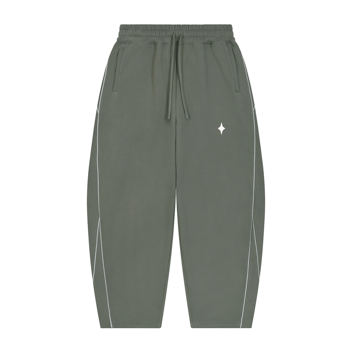 A pair of olive green jogger-style pants with a drawstring waist, side pockets, and thin white piping details running down the sides, shown against a plain white background.
