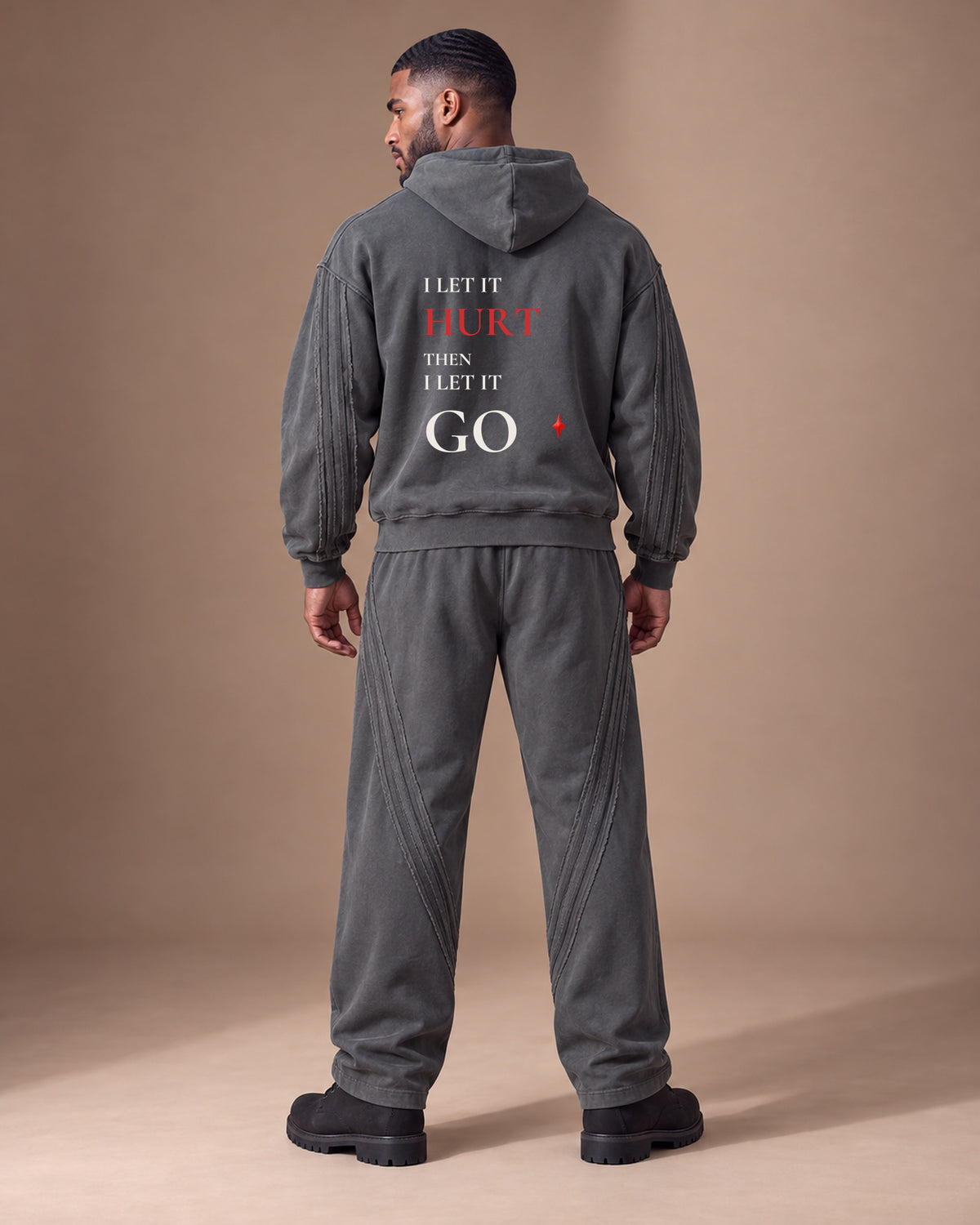 TLOL Release Dark Gray zip hoodie matching outfit, back view. Hoodie and pants sold separately.
